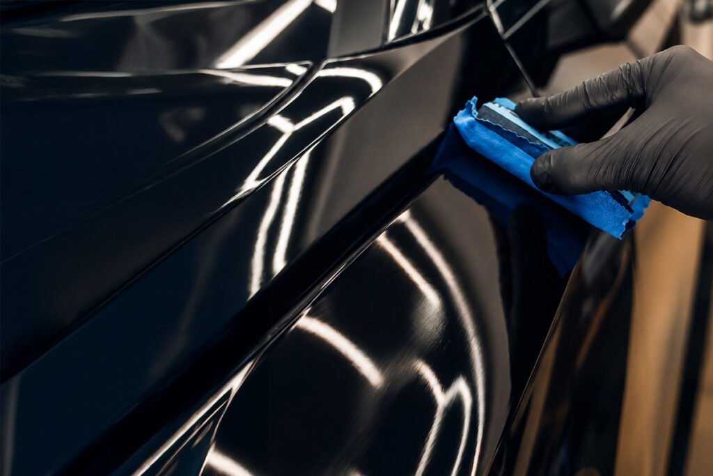 Coating wordt aangebracht op een zwarte auto onder hexagon verlichting