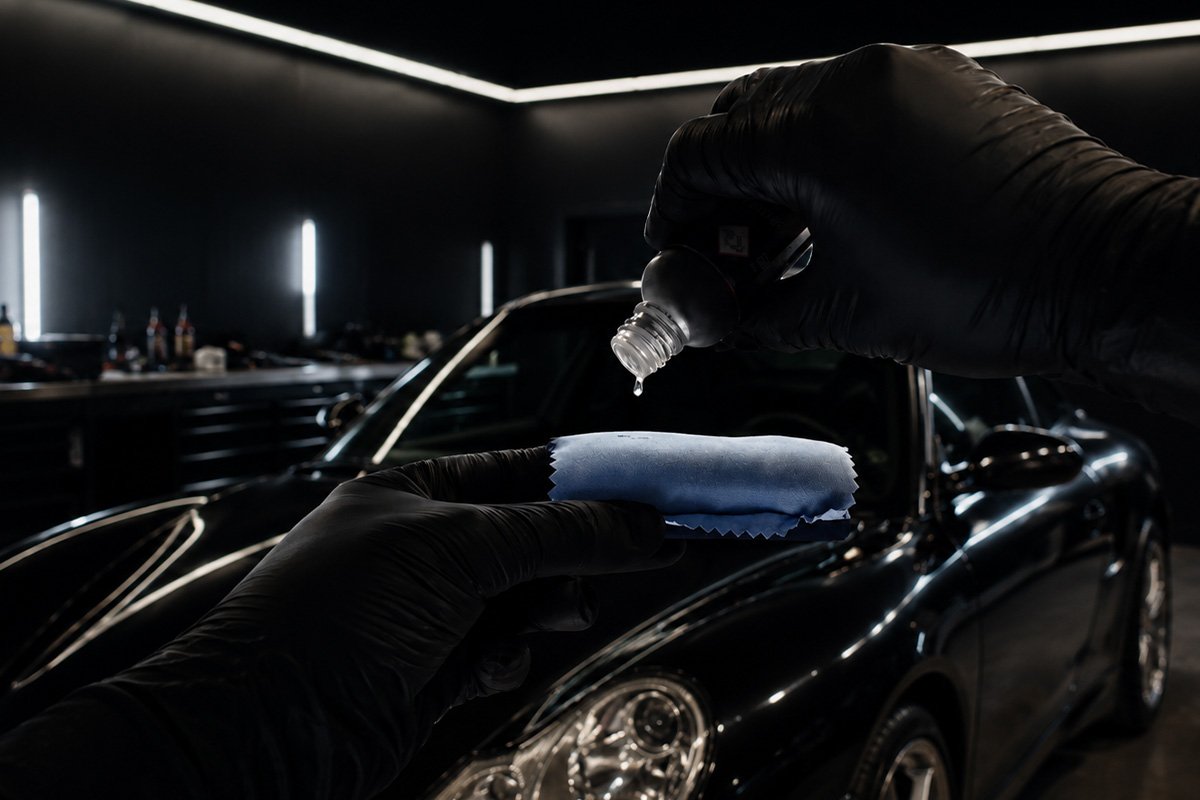 een porche in een detailingstudio. Coating druppelt op een applicatiespons