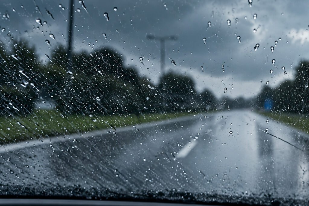 regen op een voorruit waarbij we uitzicht hebben op een nederlandse snelweg
